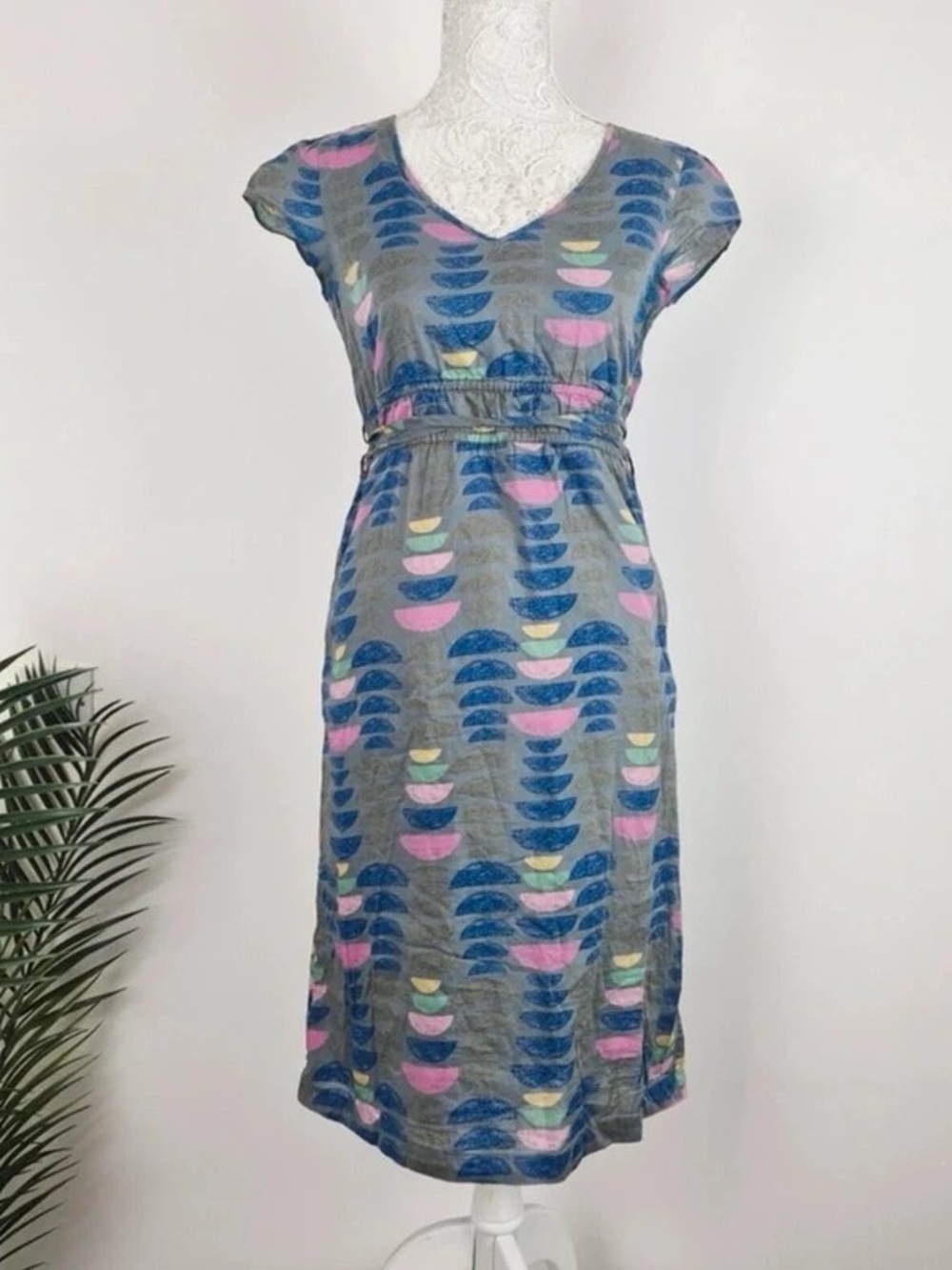 Gray Maxi Dress with Blue and Pink Geometric Print